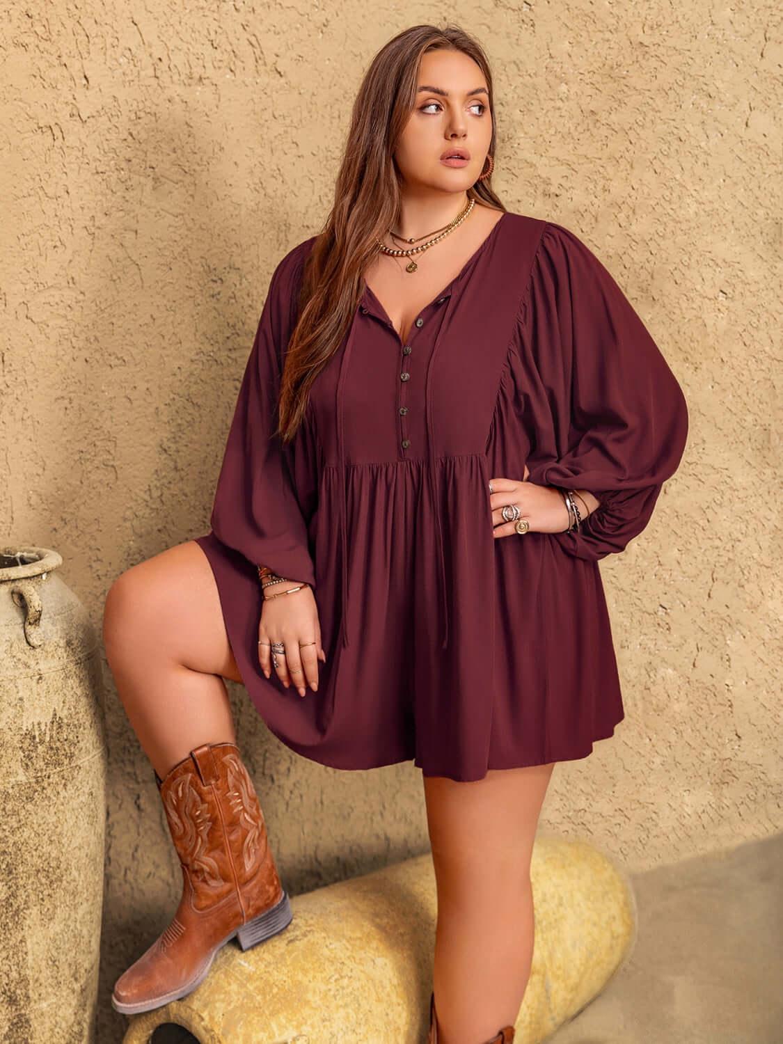 Plus Size Tie Neck Balloon Sleeve Romper - Clothes For Her Online Store