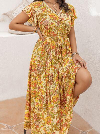 Plus Size Printed V-Neck Flutter Sleeve Tie Waist Maxi Dress - Clothes For Her Online Store