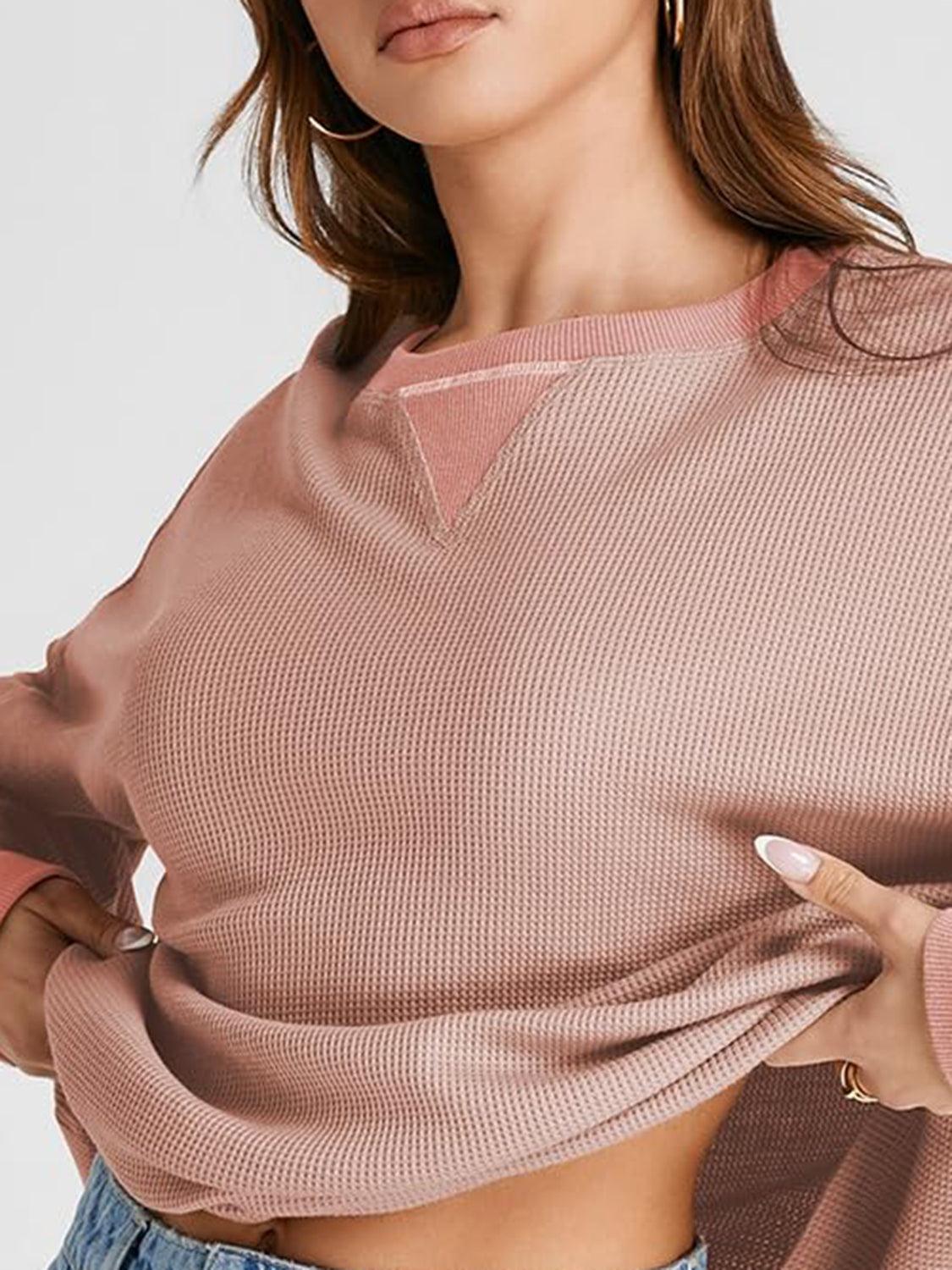 Waffle Knit Round Neck Long Sleeve T-Shirt - Clothes For Her Online Store