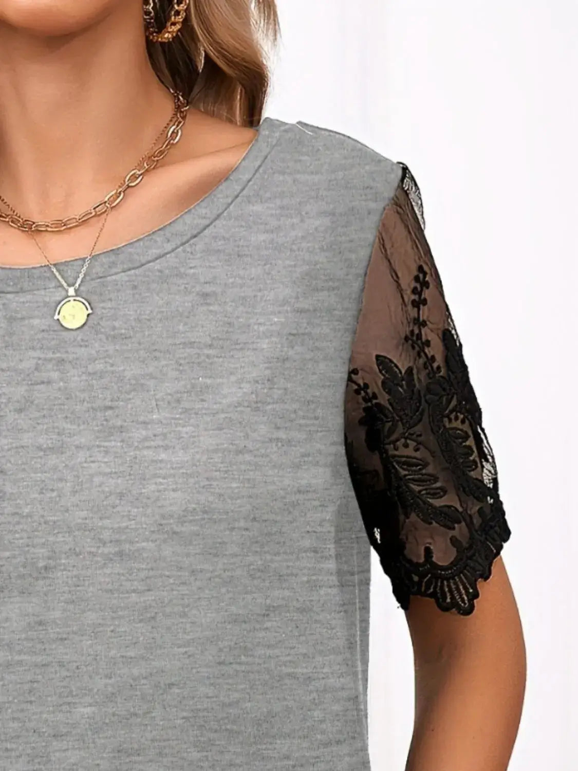 Lace Detail Round Neck Short Sleeve T-Shirt