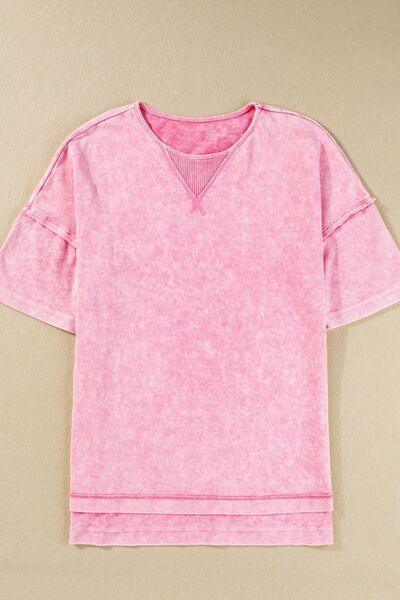 Mineral Wash Drop Shoulder Round Neck T-Shirt - Clothes For Her Online Store