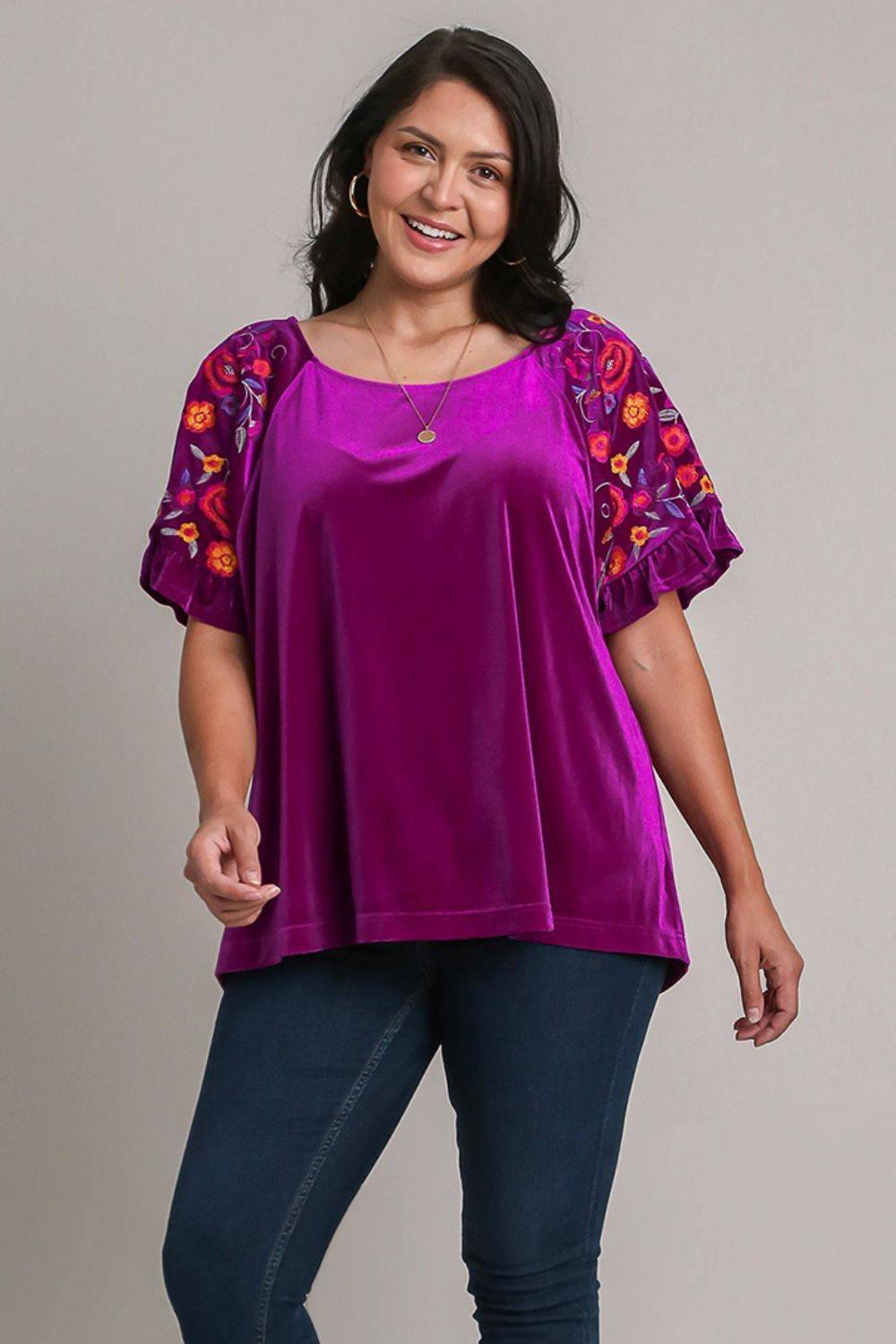 Umgee Full Size Velvet Embroidery Short Sleeve Blouse - Clothes For Her Online Store