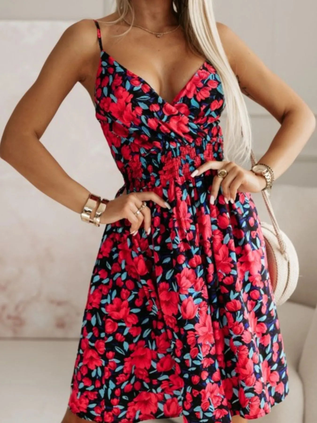 Tropical Print Spaghetti Strap Mini Dress
