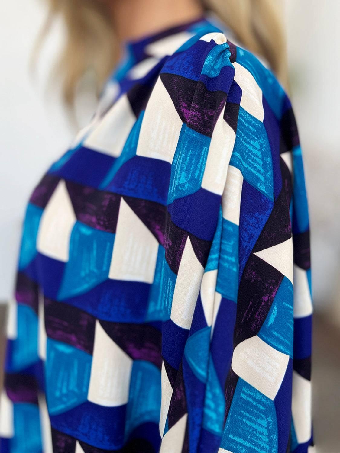 Double Take Full Size Geometric Notched Half Sleeve Blouse - Clothes For Her Online Store