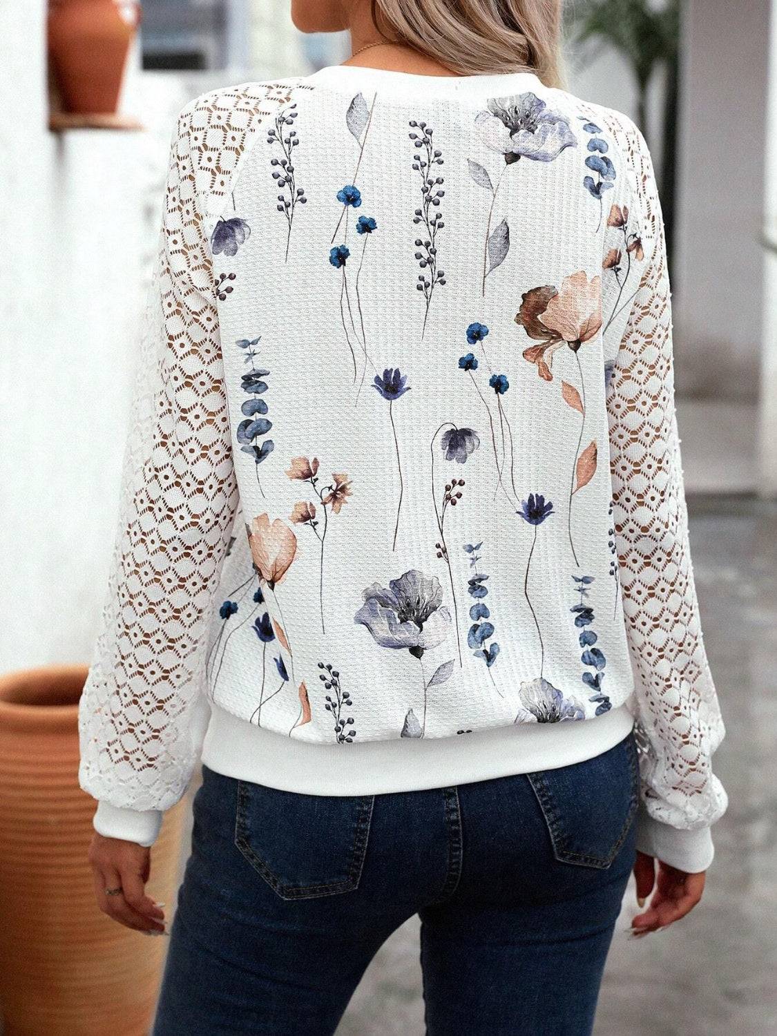 Printed Round Neck Long Sleeve Top - Clothes For Her Online Store