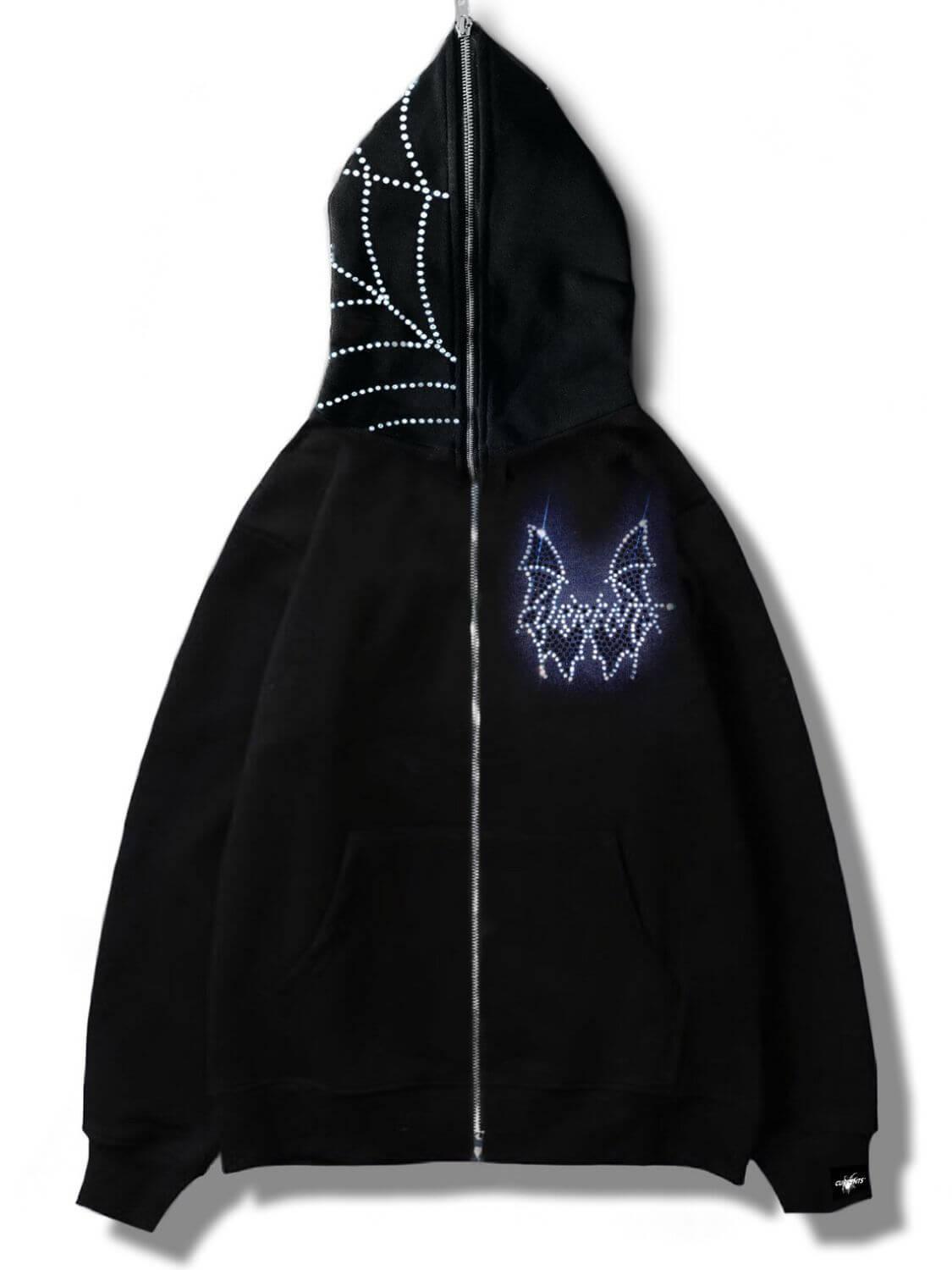 Men's Rhinestone Bat Zip Up Hoodie - Clothes For Her Online Store