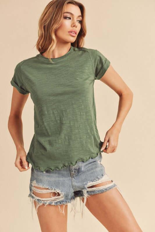 Aemi + Co Lettuce Edge Round Neck Short Sleeve T-Shirt - Clothes For Her Online Store