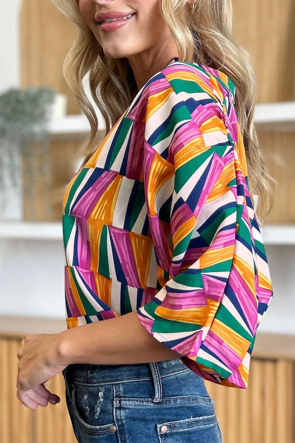 Double Take Full Size Geometric Notched Dolman Sleeve Top - Clothes For Her Online Store