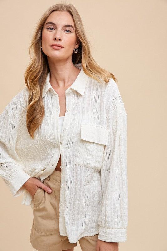 Annie Wear Openwork Button Down Drop Shoulder Shirt - Clothes For Her Online Store