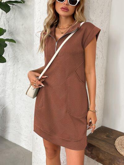 Texture Half Zip Cap Sleeve Mini Dress - Clothes For Her Online Store