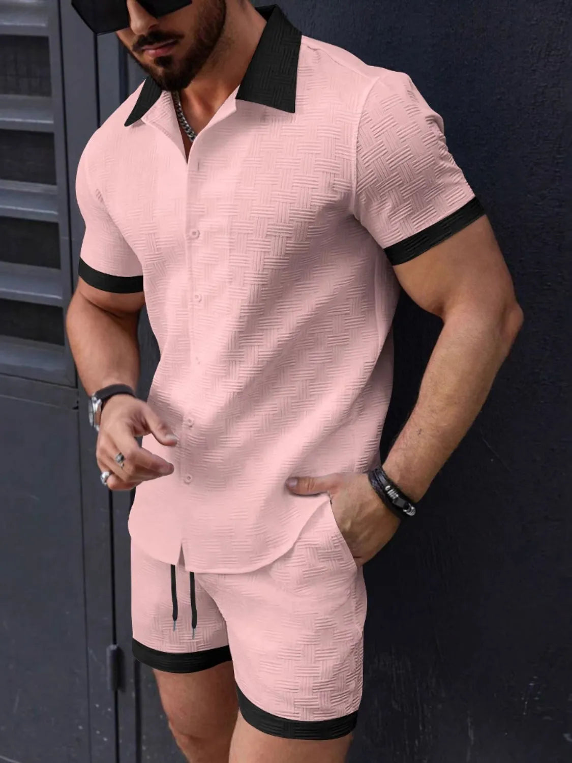 Men's Button Up Short Sleeve Shirt and Shorts Set