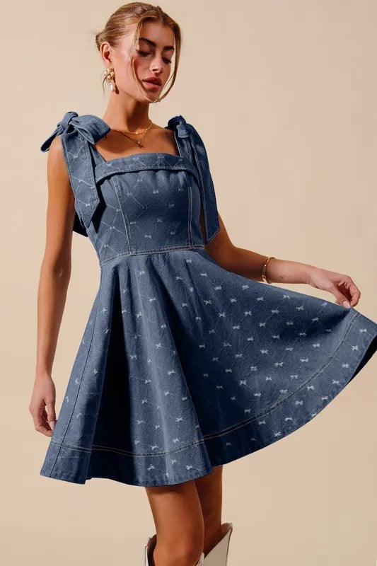 SO ME A Line Fit and Flare Diamond Bow Ribbon Denim Dres