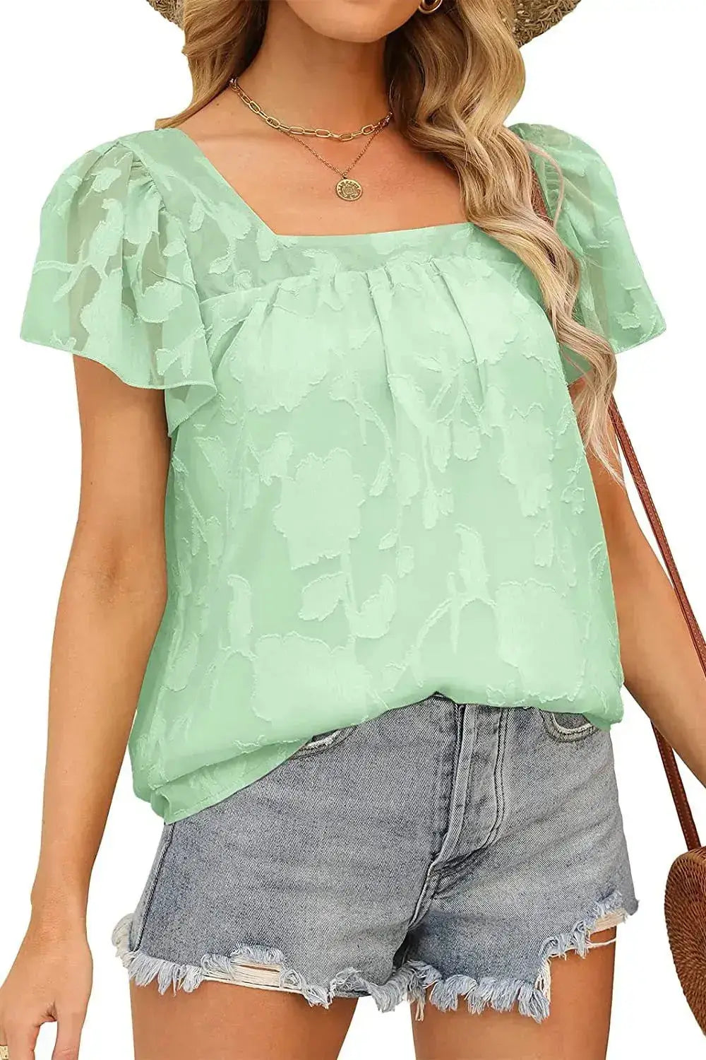 Square Neck Short Sleeve Blouse - Clothes For Her Online Store