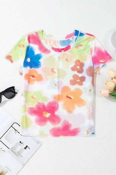 Printed Round Neck Short Sleeve Blouse - Clothes For Her Online Store