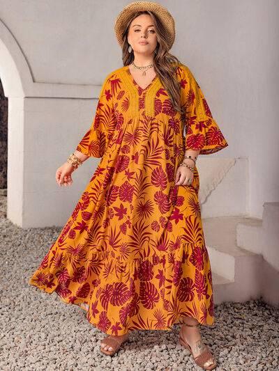Plus Size Lace Detail Printed V-Neck Maxi Dress - Clothes For Her Online Store
