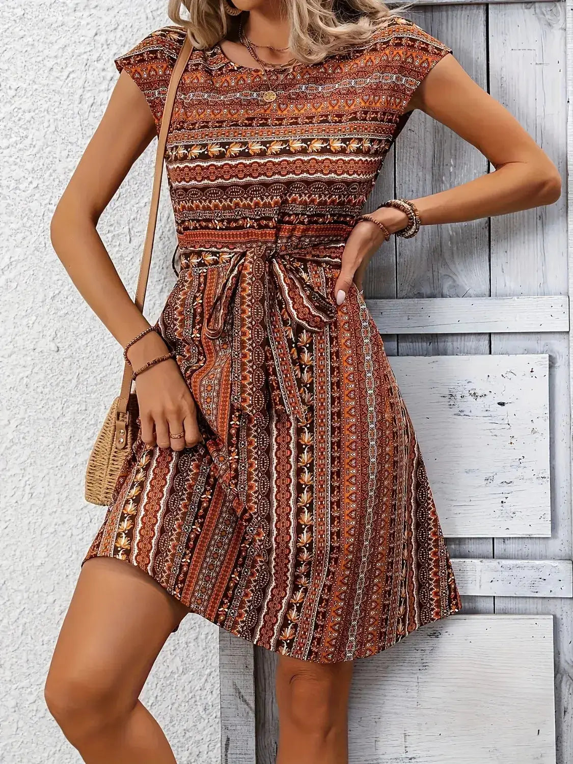 Printed Round Neck Cap Sleeve Dress
