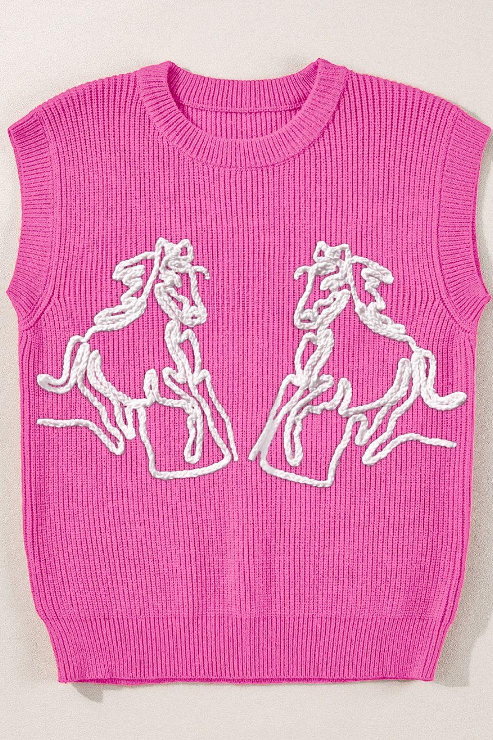 Western Horse Embroidered Round Neck Sweater - Clothes For Her Online Store