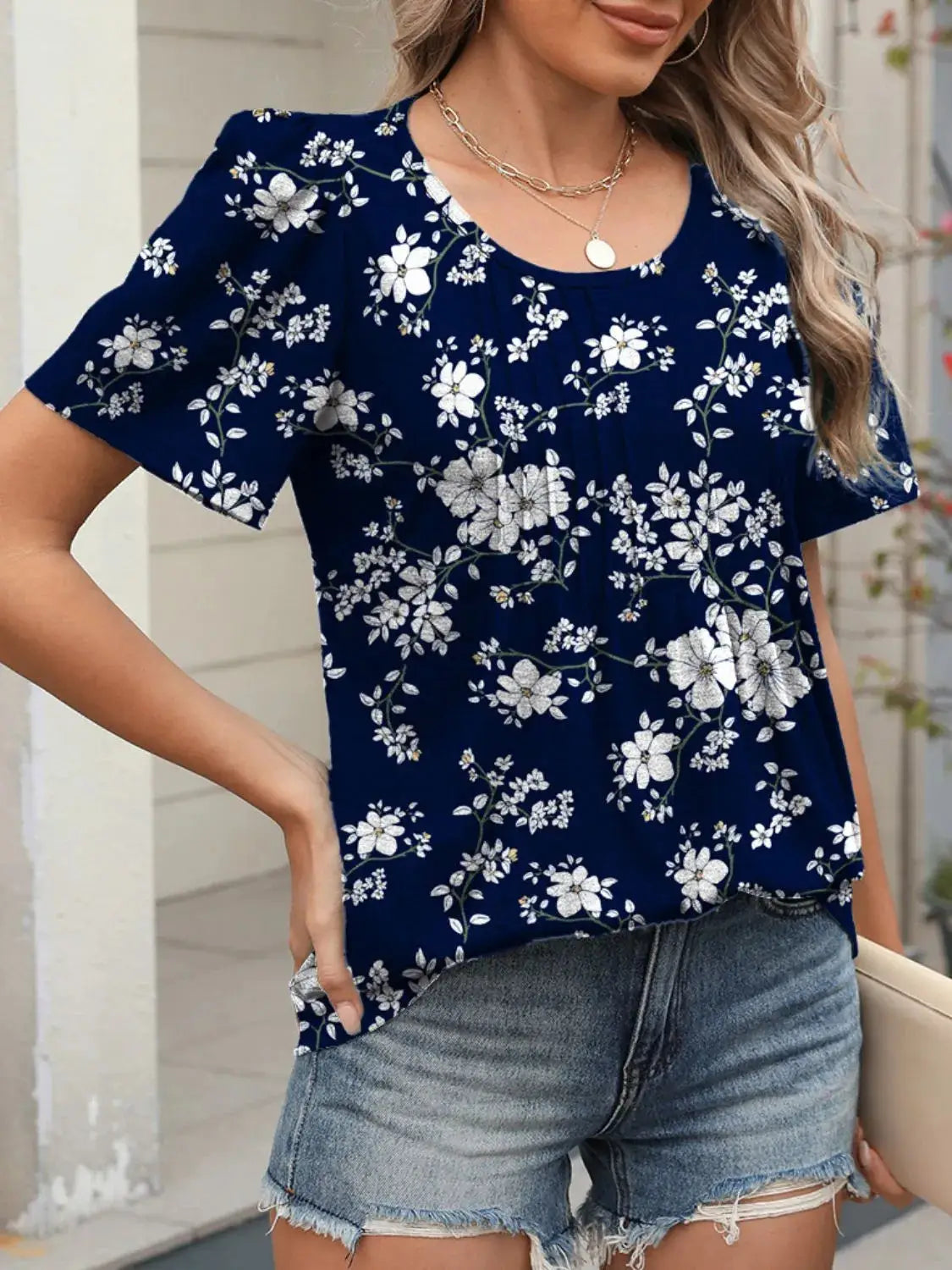 Floral Round Neck Short Sleeve Top - Clothes For Her Online Store
