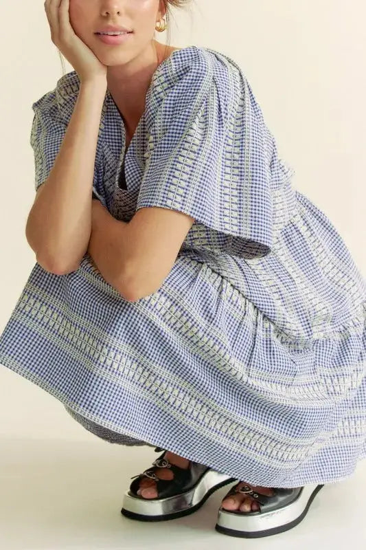 Davi & Dani Embroidered Stripe Ruffled Gingham Mini Dress - Clothes For Her Online Store