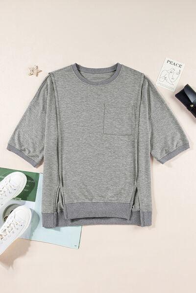Exposed Seam Side Slit Round Neck Top - Clothes For Her Online Store
