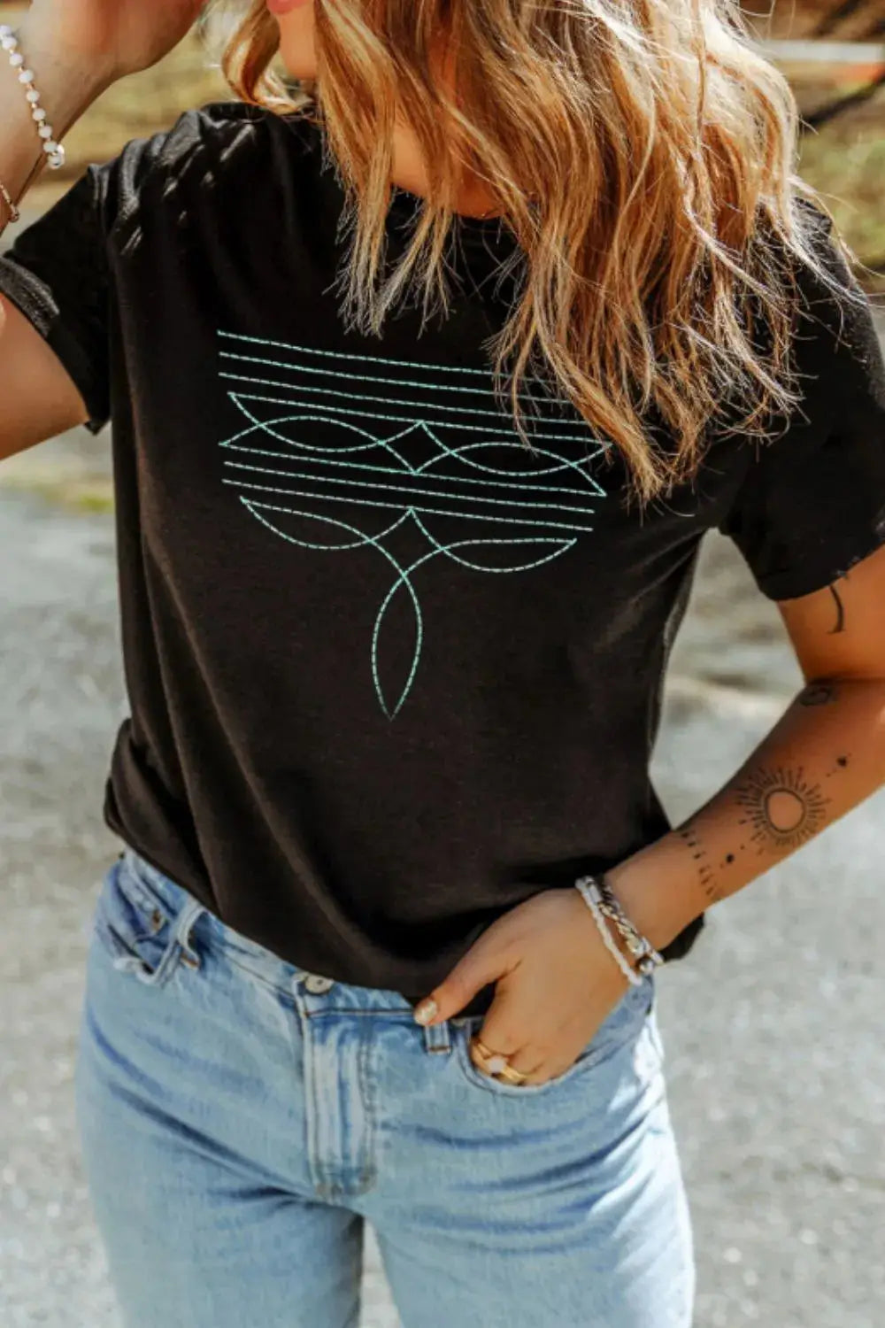 Embroidered Round Neck Short Sleeve T-Shirt - Clothes For Her Online Store