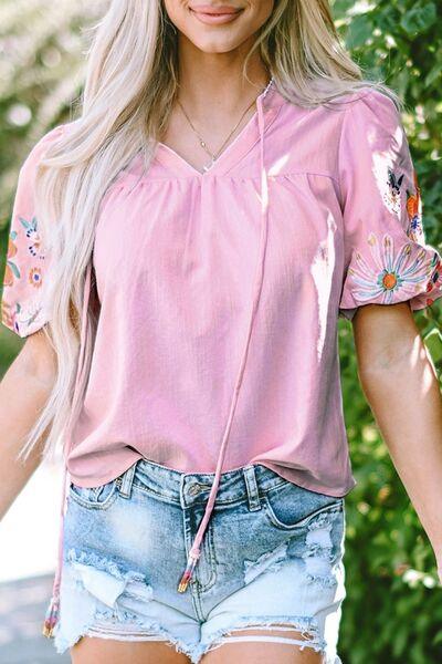 Floral Embroidered Puff Sleeve Blouse - Clothes For Her Online Store