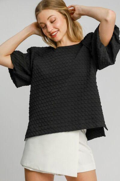 Umgee Full Size Boxy Cut Jacquard Round Neck Top with Side Slit Plus Size - Clothes For Her Online Store