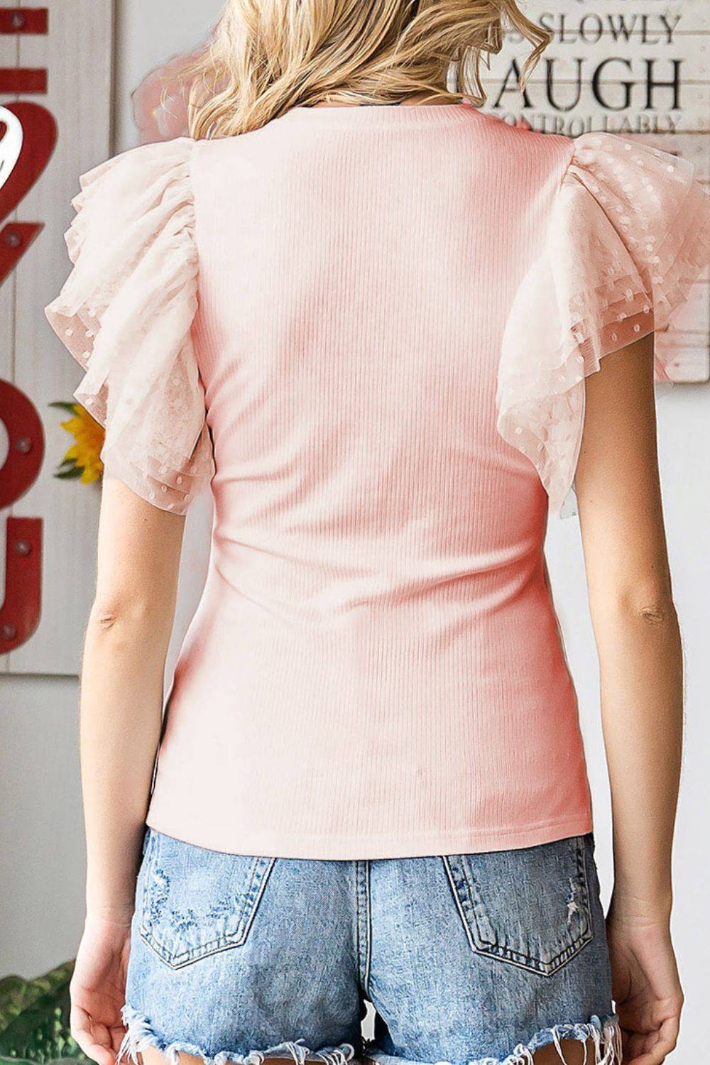 Ruffled Round Neck Cap Sleeve Blouse - Clothes For Her Online Store