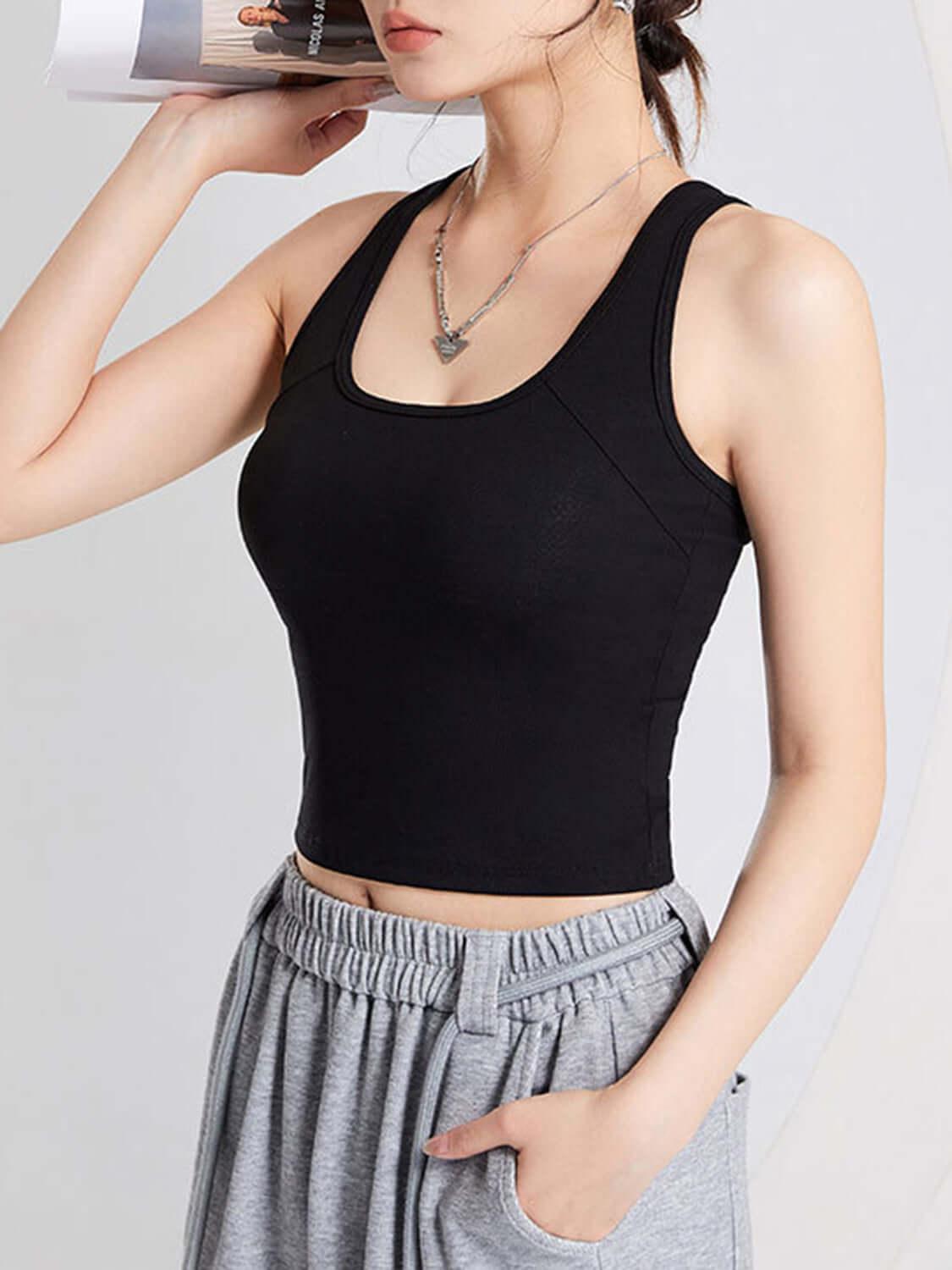 Crisscross Scoop Neck Wide Strap Cropped Tank with Chest Pads - Clothes For Her Online Store