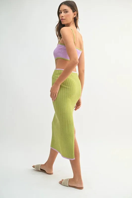 MABLE Ribbed Knit Color Block Cutout Midi Dress