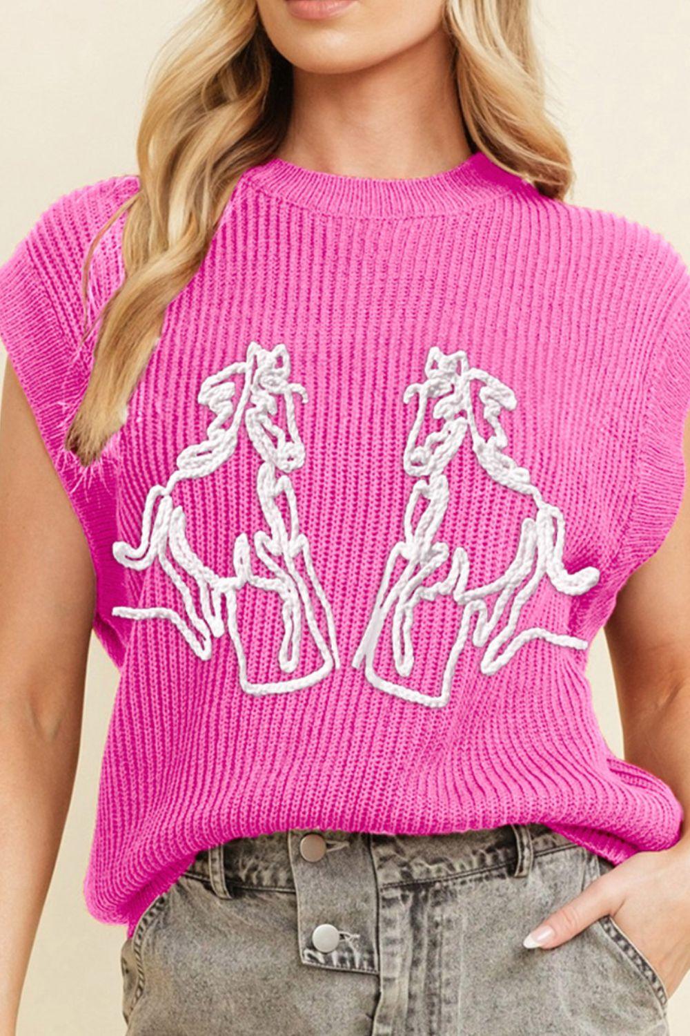 Western Horse Embroidered Round Neck Sweater - Clothes For Her Online Store