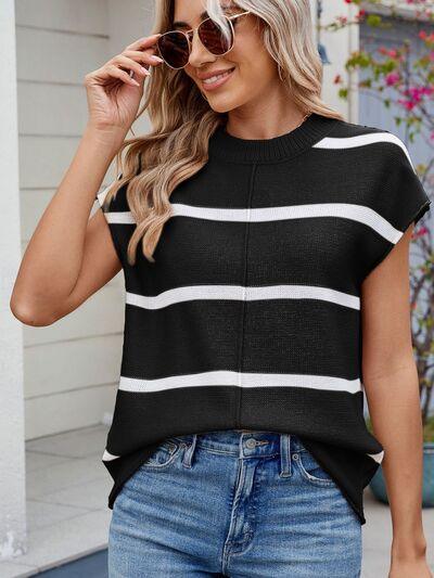 Exposed seam Contrast Striped Round Neck Knit Top - Clothes For Her Online Store