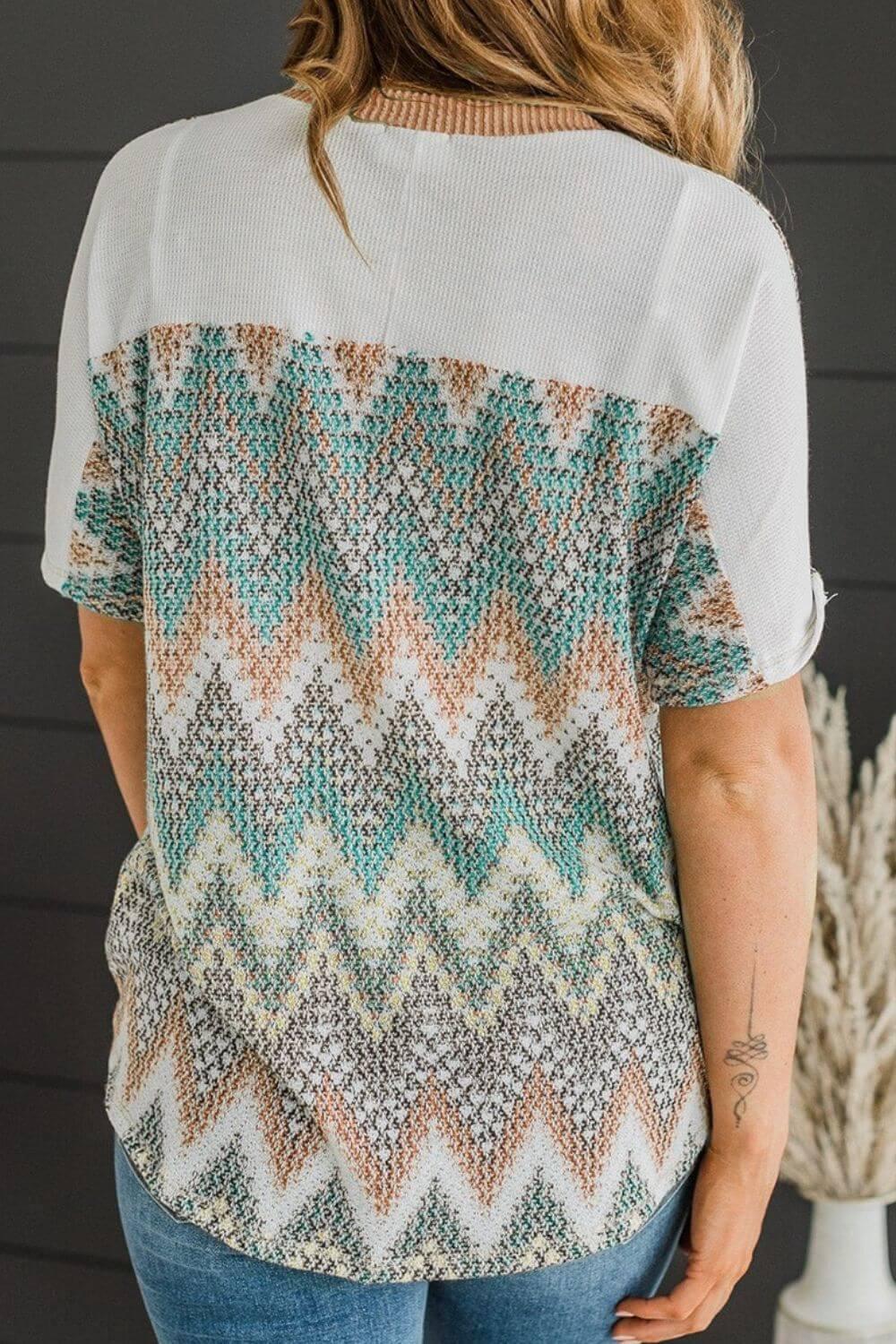 Chevron Patchwork Raglan Sleeve Knit Top - Clothes For Her Online Store