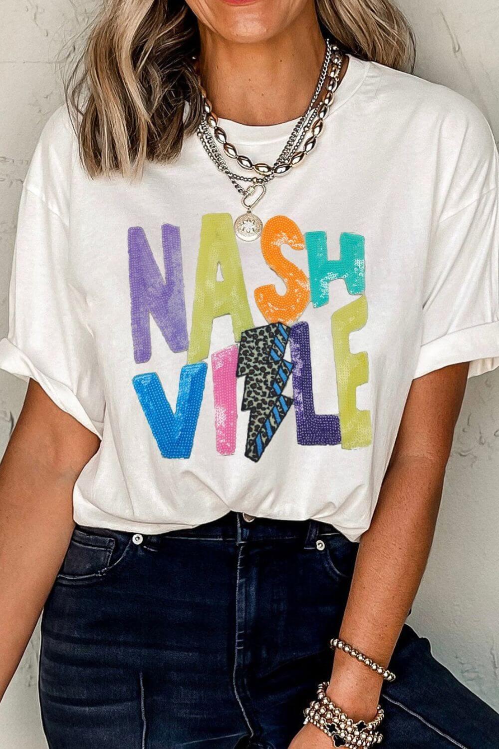 Lightening NASHVILLE Sequin Round Neck T-Shirt - Clothes For Her Online Store
