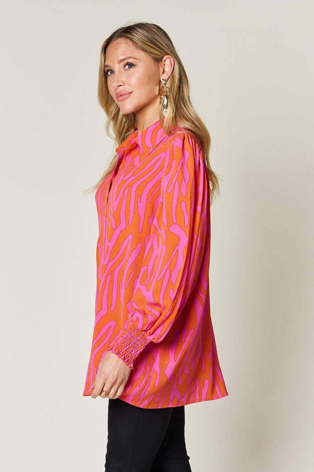 Double Take Full Size Printed Smocked Long Sleeve Blouse - Clothes For Her Online Store