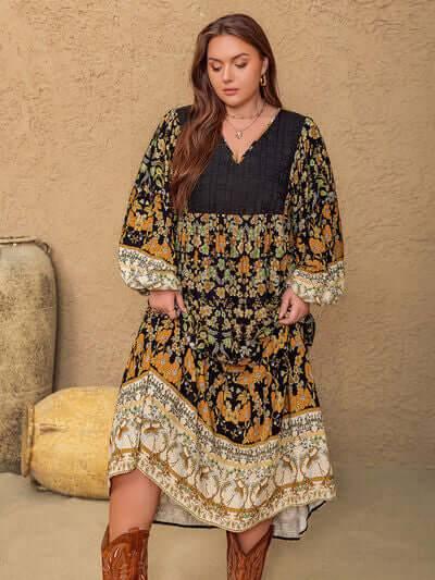 Plus Size Floral V-Neck Balloon Sleeve Midi Dress - Clothes For Her Online Store