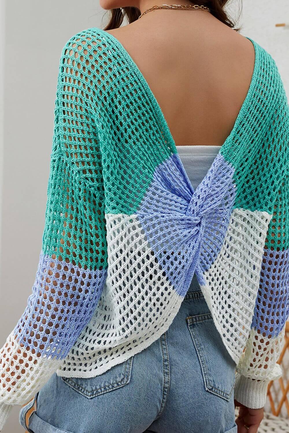 Twisted Back Color Block Long Sleeve Knit Cover Up - Clothes For Her Online Store