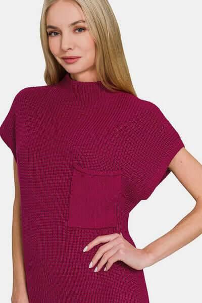 Zenana Mock Neck Short Sleeve Sweater Dress - Clothes For Her Online Store