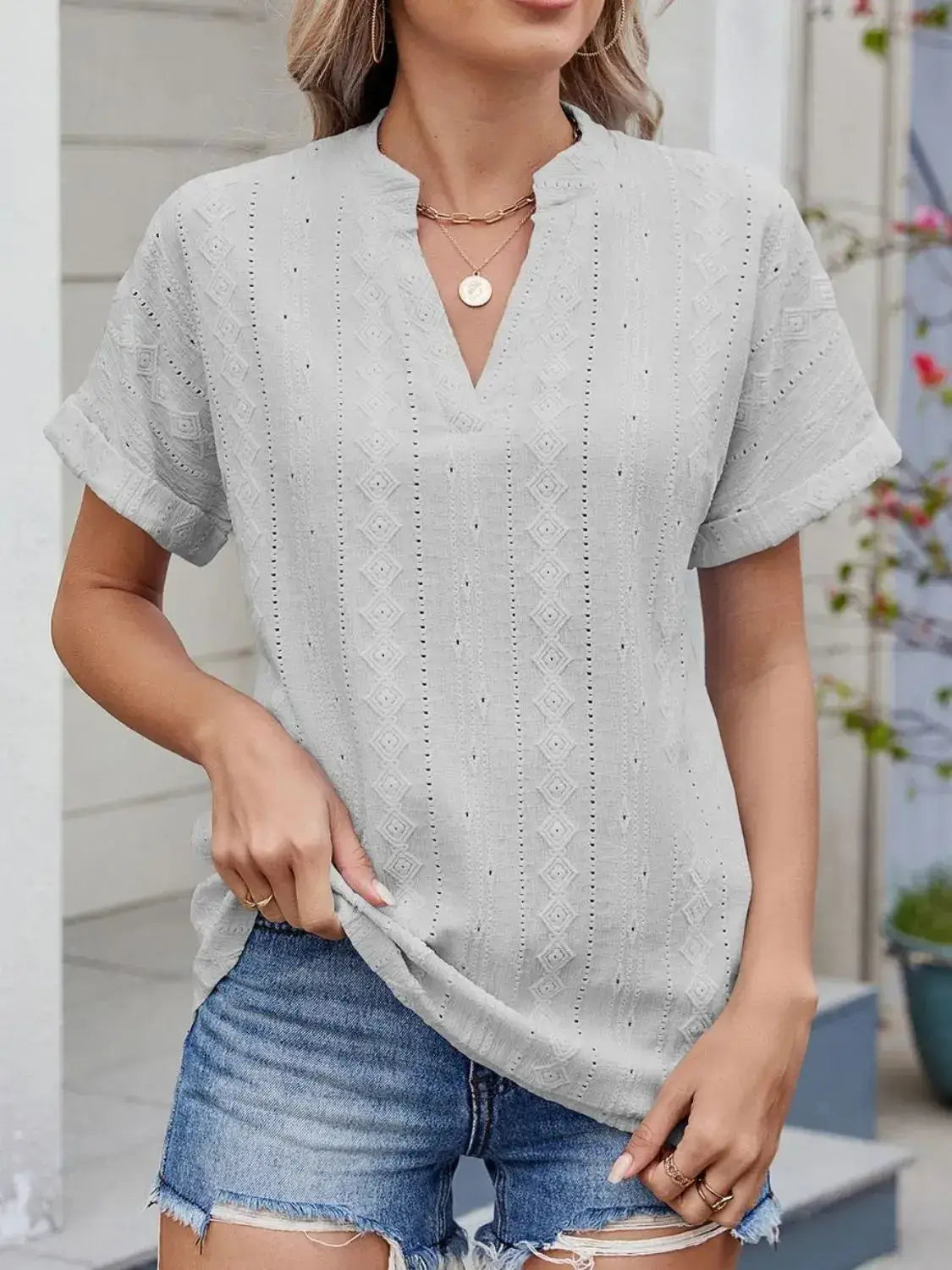 Eyelet Notched Short Sleeve Top - Clothes For Her Online Store