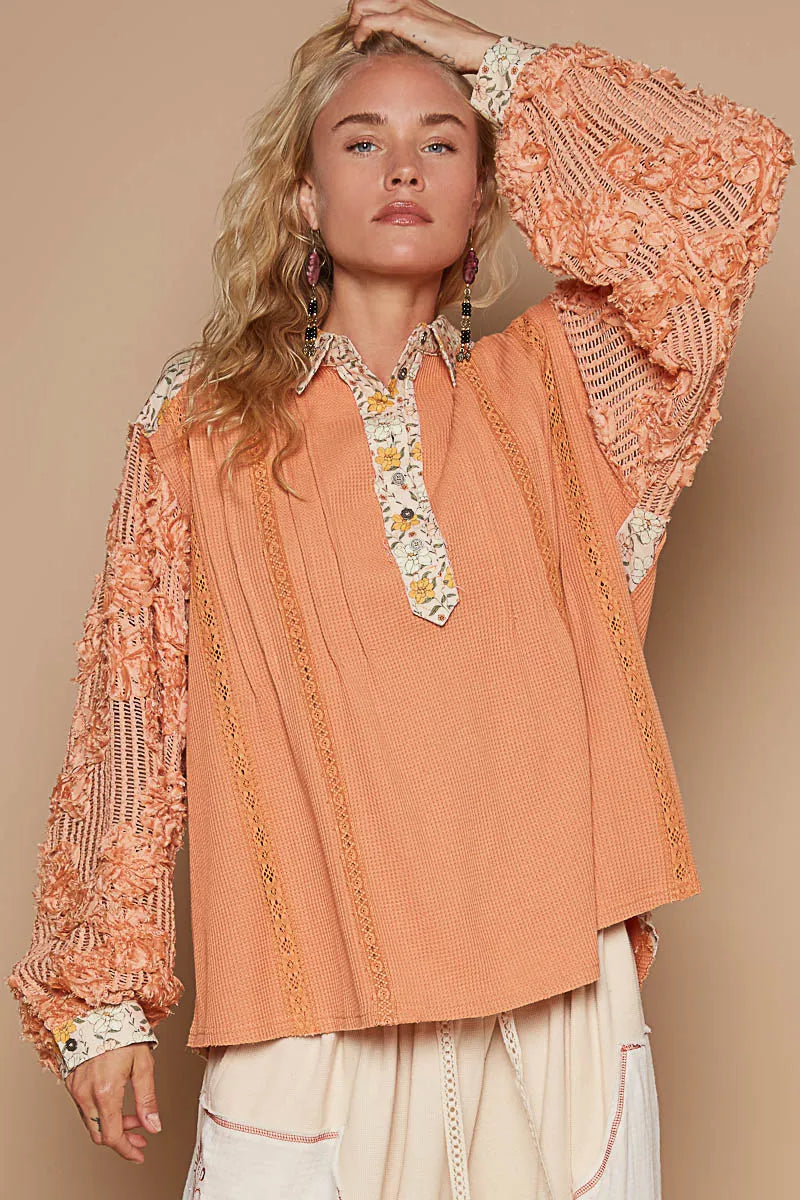 POL Floral Half Button Lace Detail Long Sleeve Top