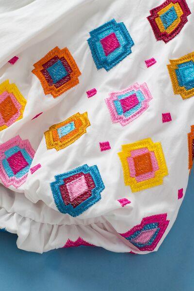 Smocked Neck Embroidered Puff Sleeve Top - Clothes For Her Online Store