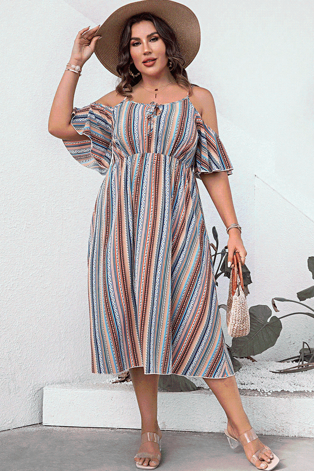 Plus Size Striped Cold-Shoulder Dress - Clothes For Her Online Store