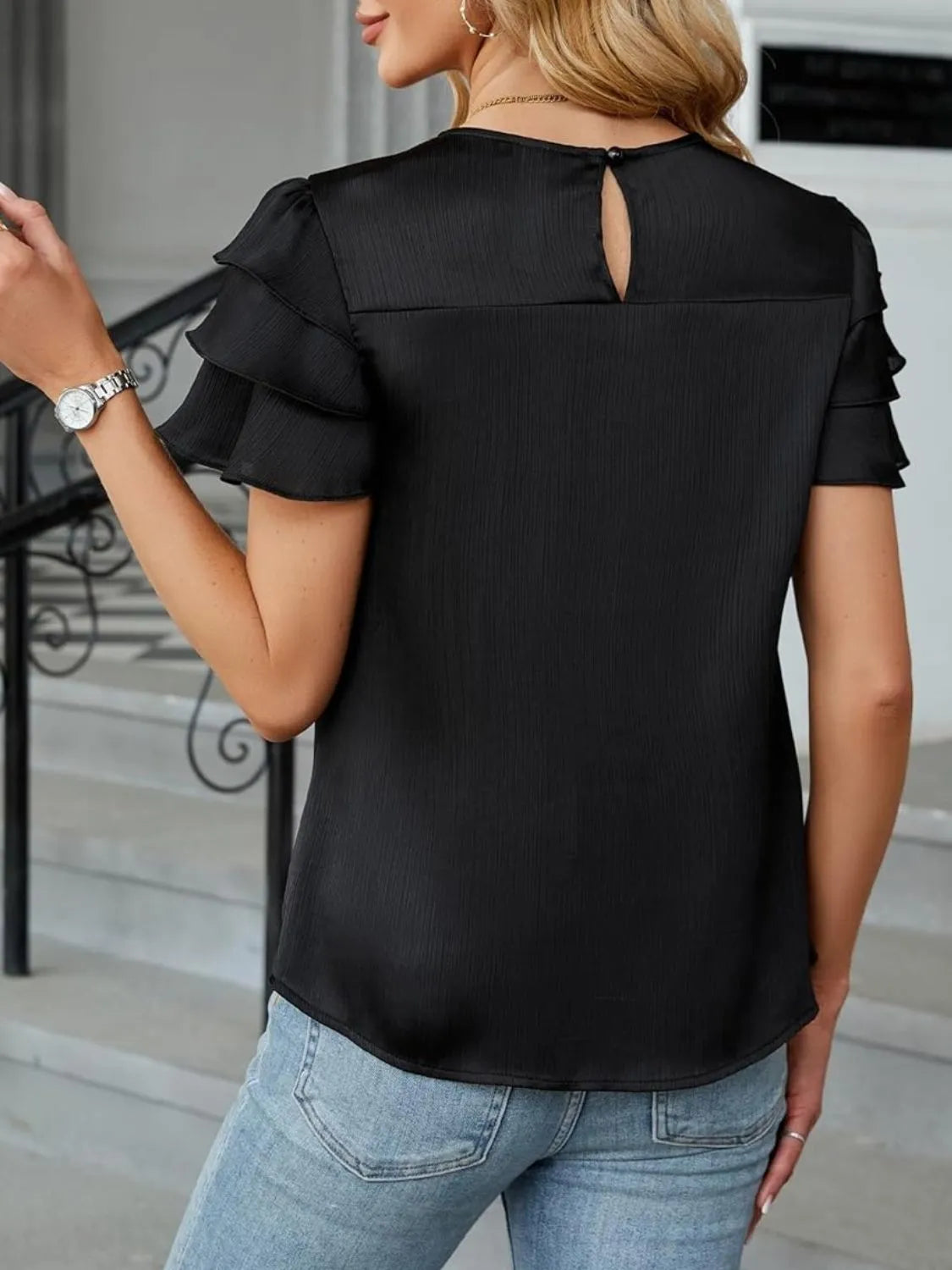 Smocked Round Neck Ruffled Layered Sleeve Blouse