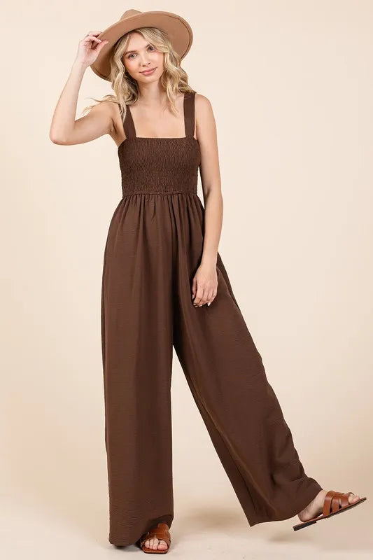 Mittoshop Smocked Wide Strap Wide Leg Overalls - Clothes For Her Online Store