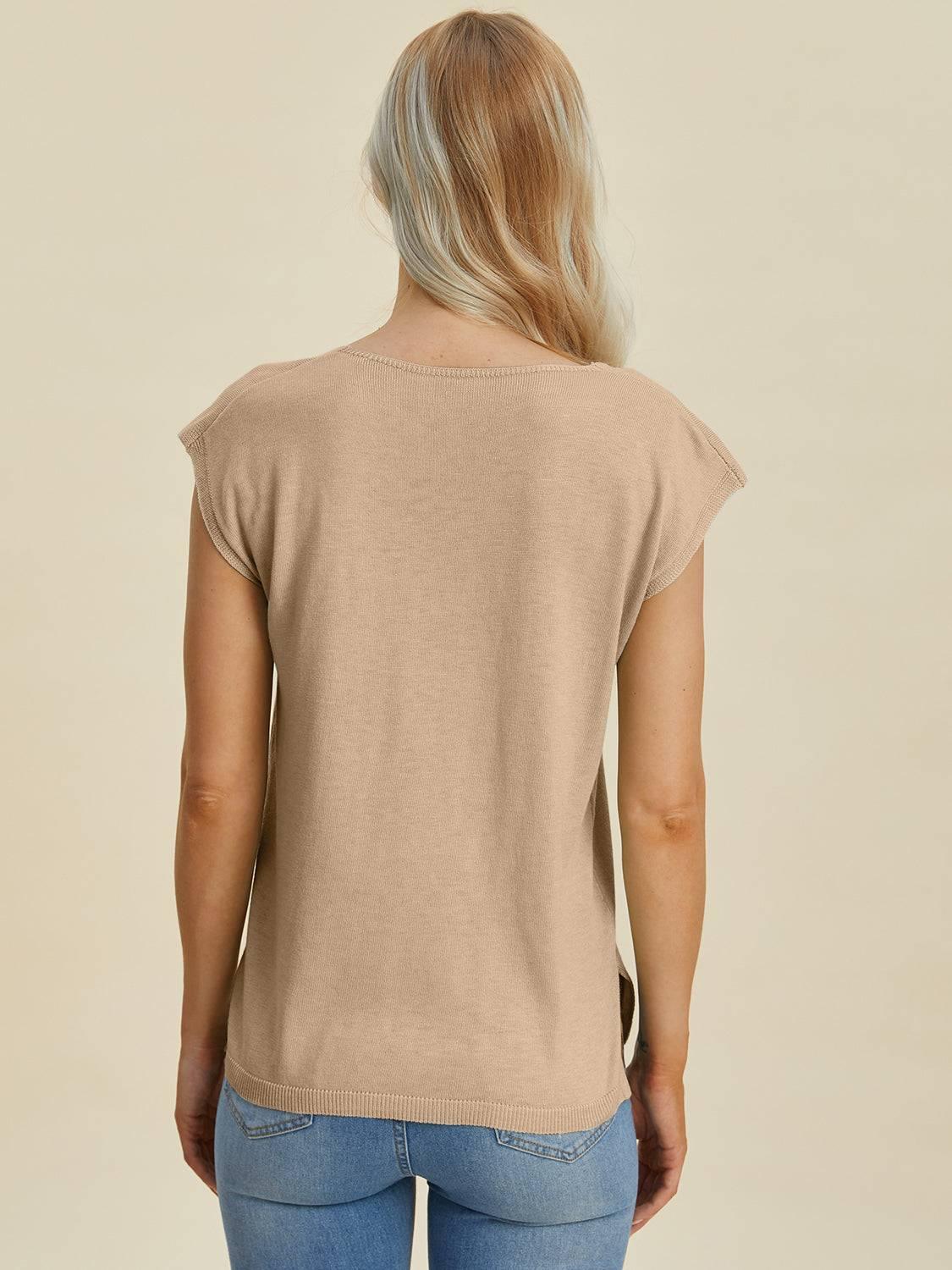 Double Take Full Size Notched Cap Sleeve Knit Top - Clothes For Her Online Store