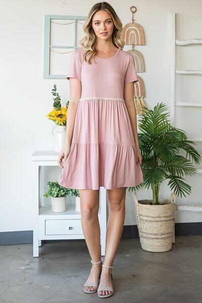 Heimish Full Size Solid Mini Tiered Dress with Pompom Lace Plus Size - Clothes For Her Online Store