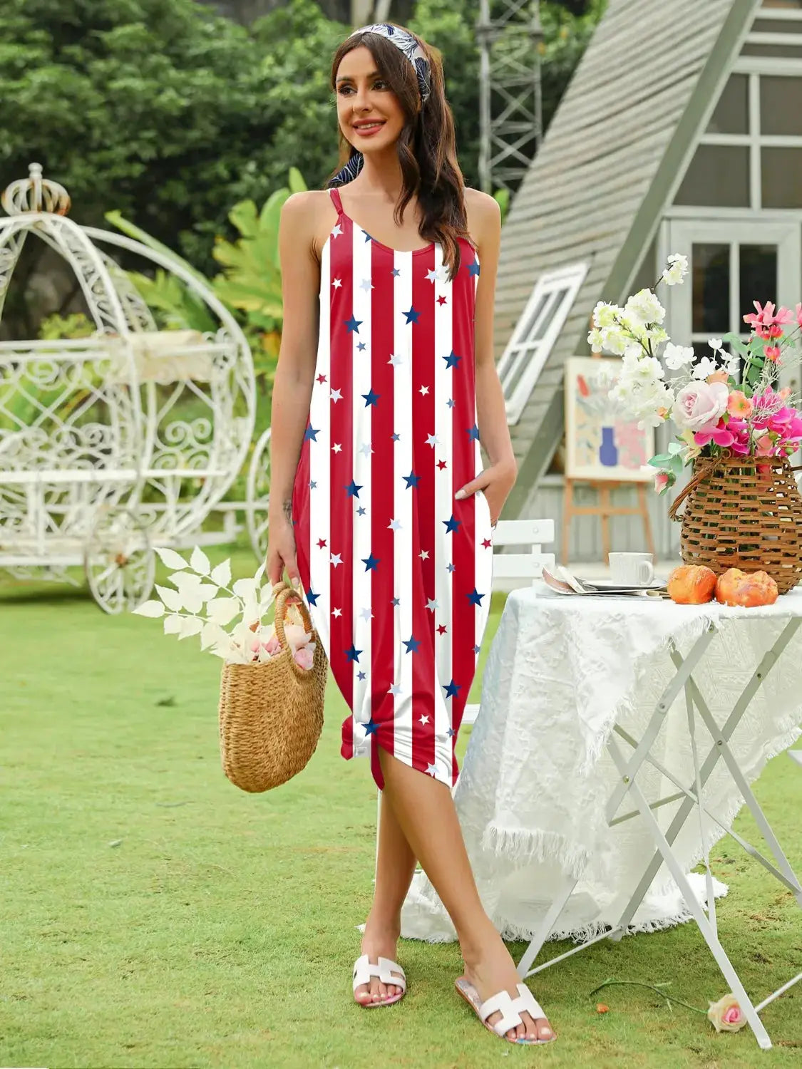 Striped & Star Scoop Neck Midi Cami Dress - Clothes For Her Online Store