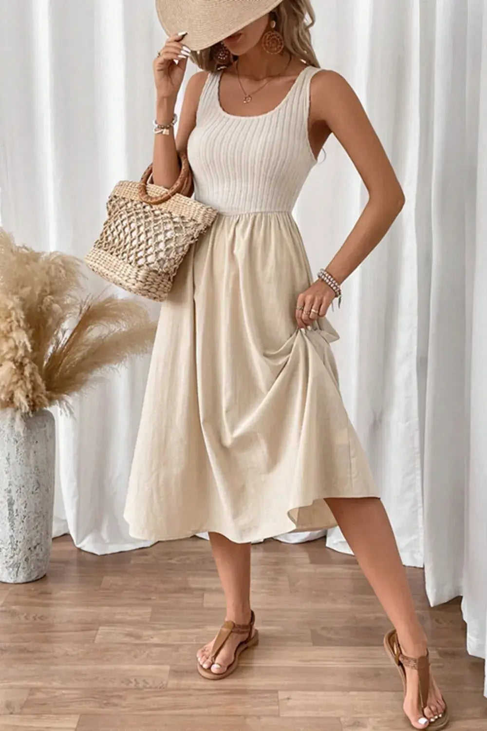 Ribbed Bodice Sleeveless Midi Dress