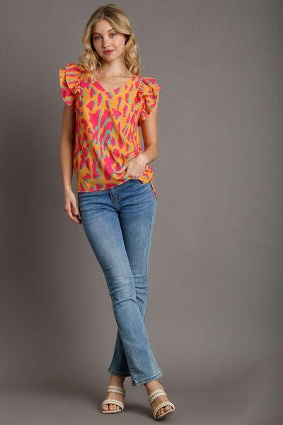 Umgee Full Size Abstract Print V-Neck Double Layer Ruffle Sleeve Blouse Plus Size - Clothes For Her Online Store