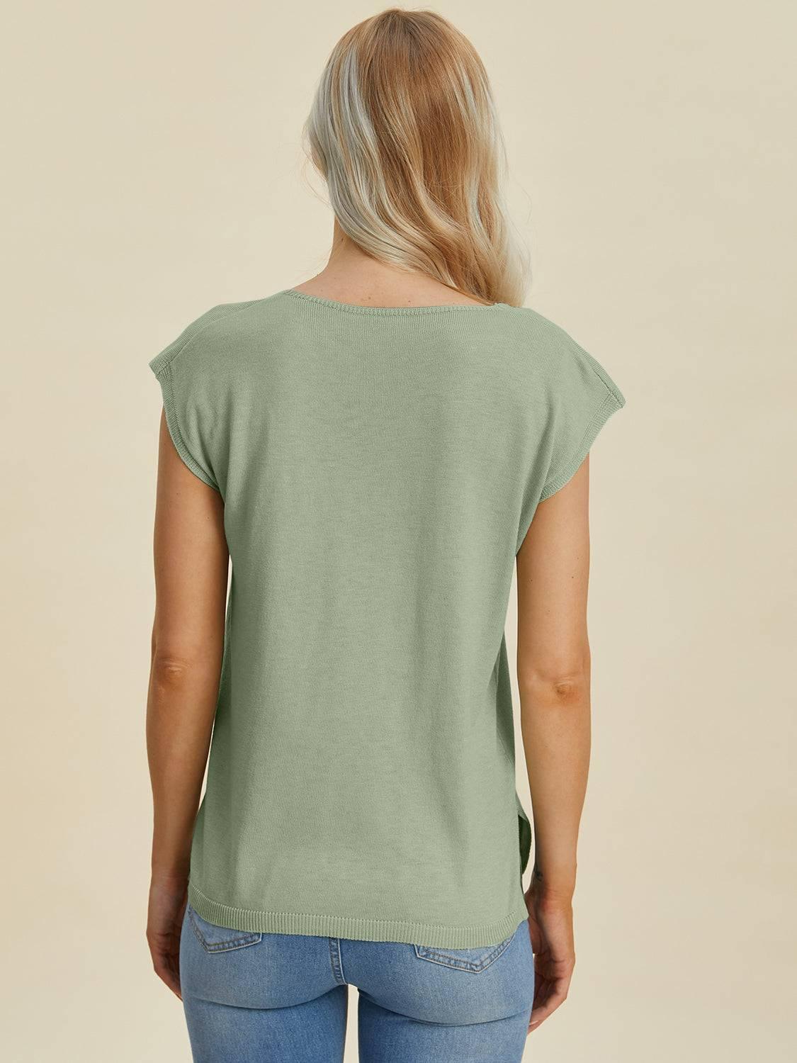 Double Take Full Size Notched Cap Sleeve Knit Top - Clothes For Her Online Store